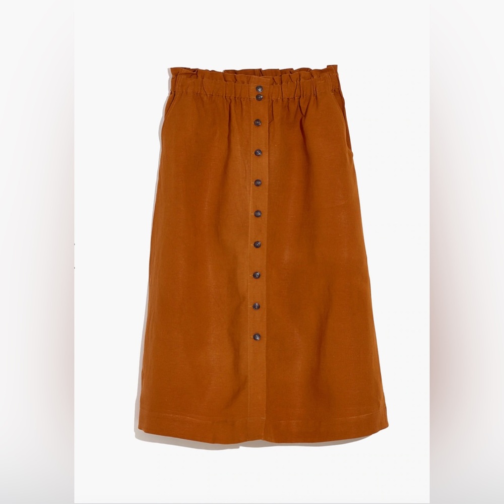 Linen-Blend Button-Front Pull-On Midi Skirt, xxs, NWT